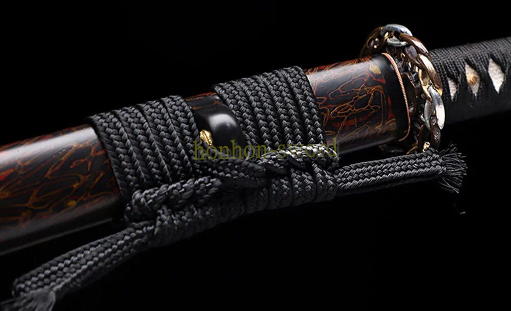 L6 Steel Clay Tempered Katana Hitatsura Hamon 皆烧 Japanese Samurai Sword Black and Red