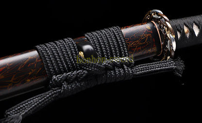 L6 Steel Clay Tempered Katana Hitatsura Hamon 皆烧 Japanese Samurai Sword Black and Red