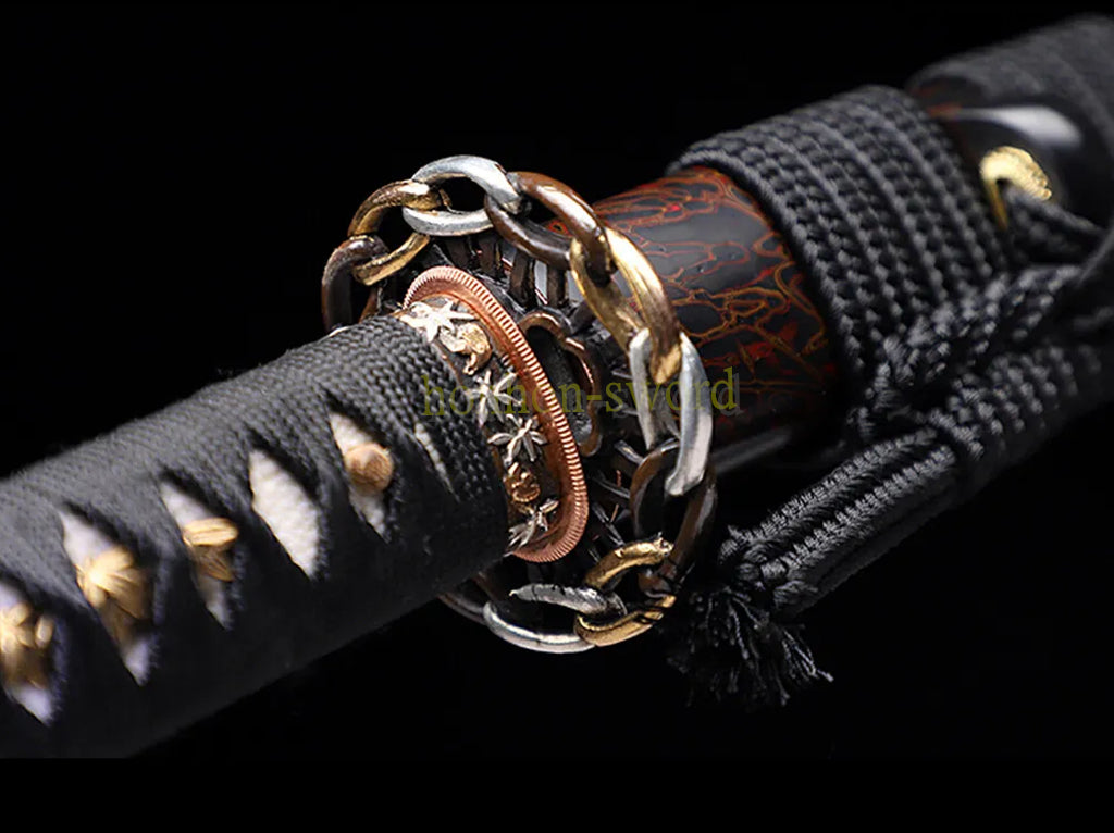 L6 Steel Clay Tempered Katana Hitatsura Hamon 皆烧 Japanese Samurai Sword Black and Red