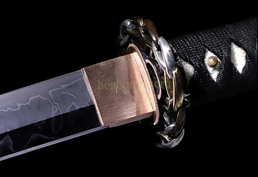 L6 Steel Clay Tempered Katana Hitatsura Hamon 皆烧 Japanese Samurai Sword Black and Red