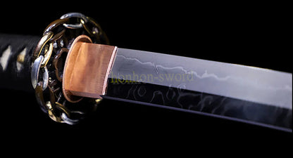 L6 Steel Clay Tempered Katana Hitatsura Hamon 皆烧 Japanese Samurai Sword Black and Red