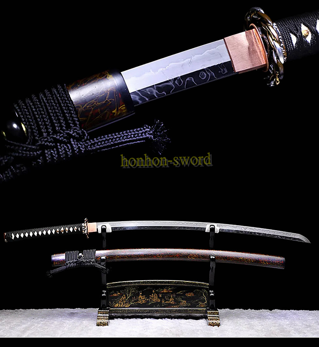 L6 Steel Clay Tempered Katana Hitatsura Hamon 皆烧 Japanese Samurai Sword Black and Red