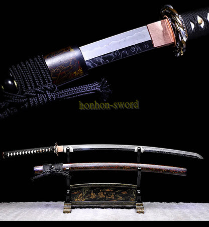 L6 Steel Clay Tempered Katana Hitatsura Hamon 皆烧 Japanese Samurai Sword Black and Red