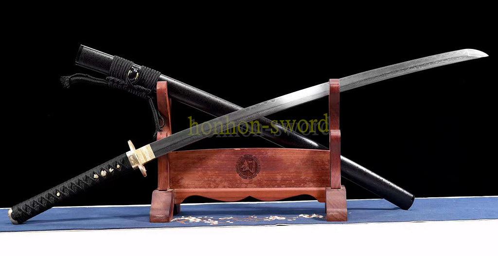 Épée de samouraï japonaise en acier plié noir, katana, lame tranchante faite à la main, noire 