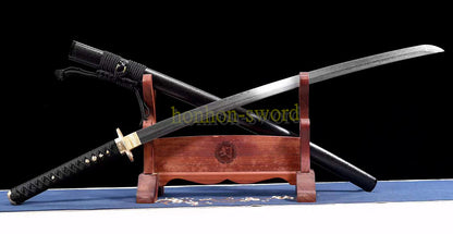 Épée de samouraï japonaise en acier plié noir, katana, lame tranchante faite à la main, noire 