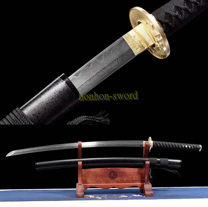 Épée de samouraï japonaise en acier plié noir, katana, lame tranchante faite à la main, noire 