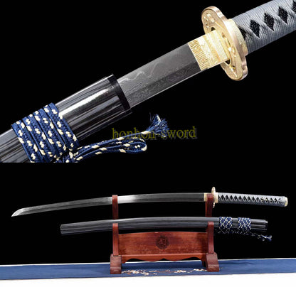 Épée de samouraï japonaise en acier plié noir, katana, lame tranchante faite à la main, noire 
