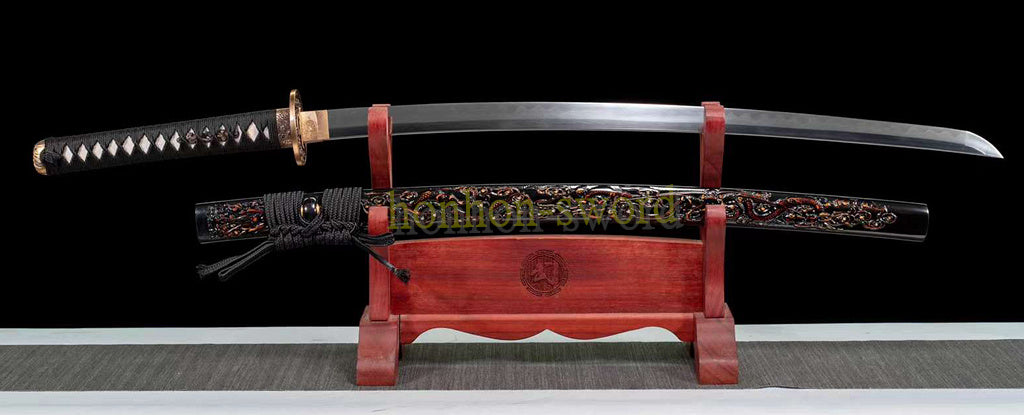 Épée de samouraï japonaise en acier plié noir, katana, lame tranchante faite à la main, noire 