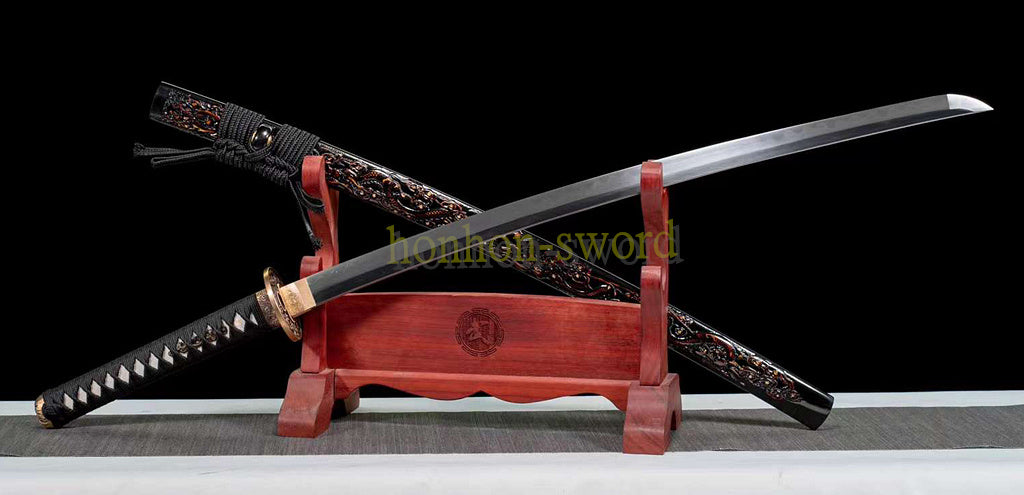 Épée de samouraï japonaise en acier plié noir, katana, lame tranchante faite à la main, noire 