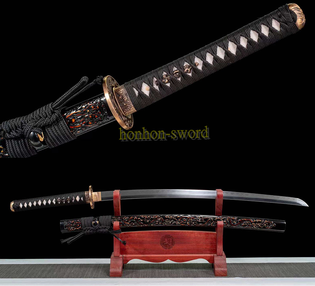Épée de samouraï japonaise en acier plié noir, katana, lame tranchante faite à la main, noire 