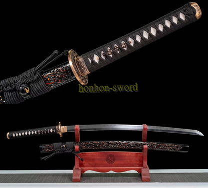Épée de samouraï japonaise en acier plié noir, katana, lame tranchante faite à la main, noire 