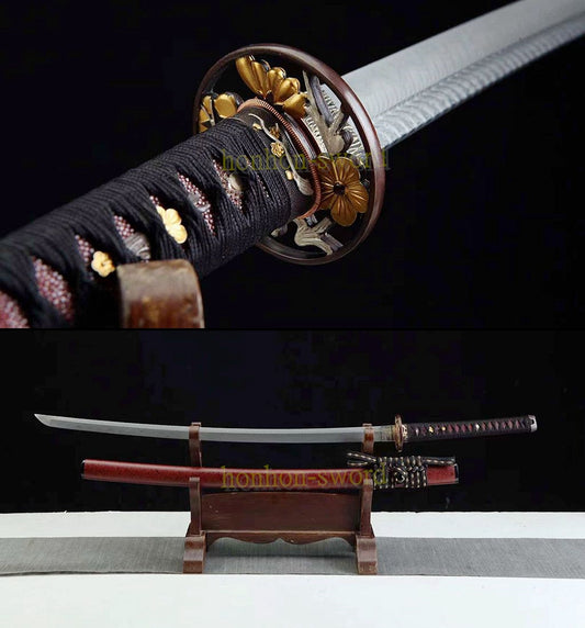 Japanisches Samurai-Schwert Katana aus schwarzem gefaltetem Stahl, Full Tang, handgefertigt, scharfe Klinge, schwarz 