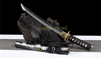 Épée de samouraï japonaise en acier plié noir, katana, lame tranchante faite à la main, noire 