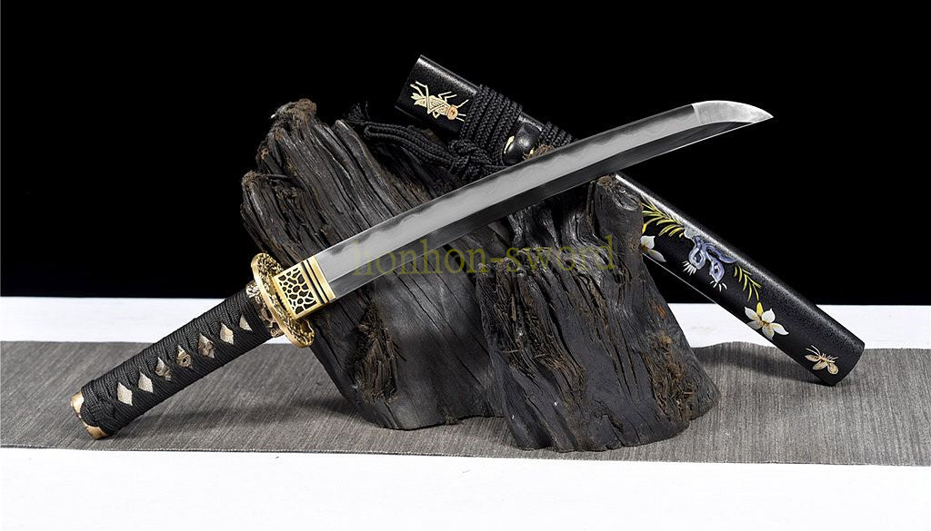 Épée de samouraï japonaise en acier plié noir, katana, lame tranchante faite à la main, noire 