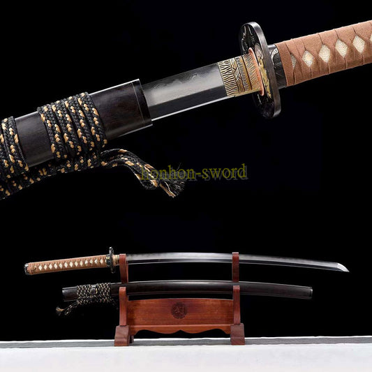 Épée de samouraï japonaise en acier plié noir, katana, lame tranchante faite à la main, noire 