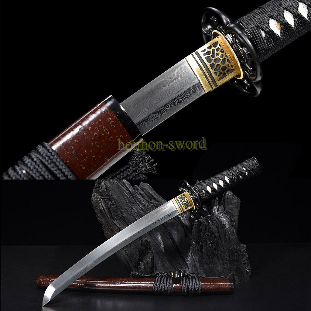 Damascus Folded Steel Clay Tempered Tanto Japanese Samurai Short Sword for Battle