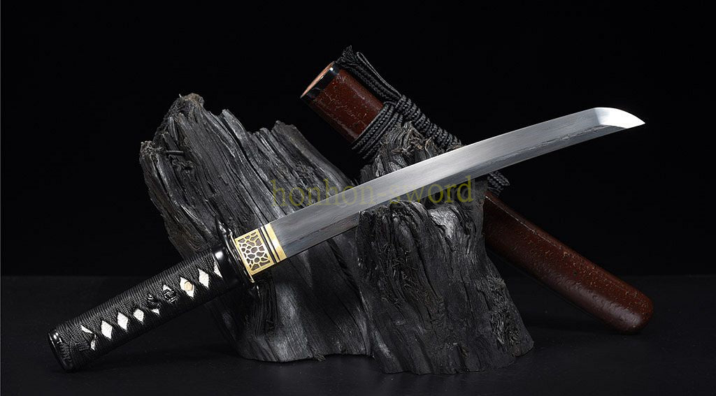 Damascus Folded Steel Clay Tempered Tanto Japanese Samurai Short Sword for Battle