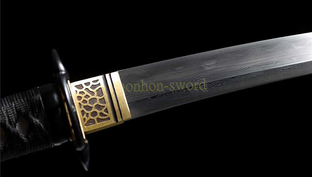 Damascus Folded Steel Clay Tempered Tanto Japanese Samurai Short Sword for Battle