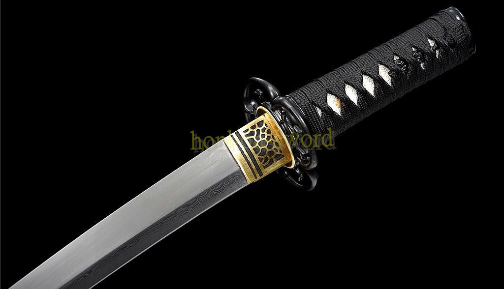 Damascus Folded Steel Clay Tempered Tanto Japanese Samurai Short Sword for Battle