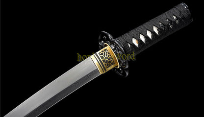 Damascus Folded Steel Clay Tempered Tanto Japanese Samurai Short Sword for Battle