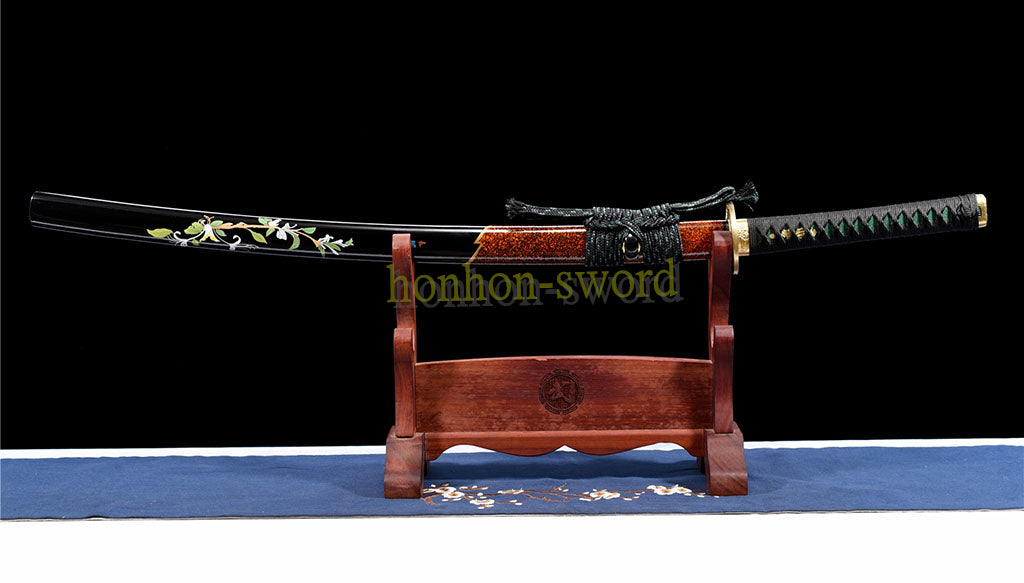 Japanisches Samurai-Schwert Katana aus schwarzem gefaltetem Stahl, Full Tang, handgefertigt, scharfe Klinge, schwarz 