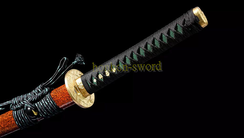 Japanisches Samurai-Schwert Katana aus schwarzem gefaltetem Stahl, Full Tang, handgefertigt, scharfe Klinge, schwarz 