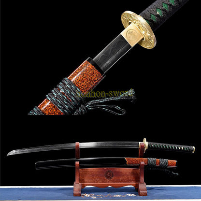 Japanisches Samurai-Schwert Katana aus schwarzem gefaltetem Stahl, Full Tang, handgefertigt, scharfe Klinge, schwarz 