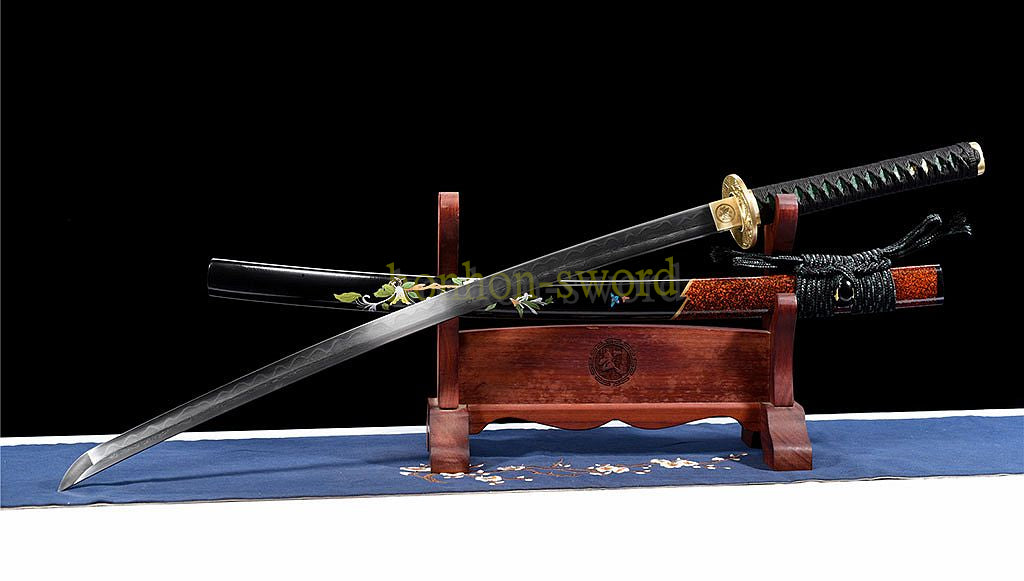 Japanisches Samurai-Schwert Katana aus schwarzem gefaltetem Stahl, Full Tang, handgefertigt, scharfe Klinge, schwarz 