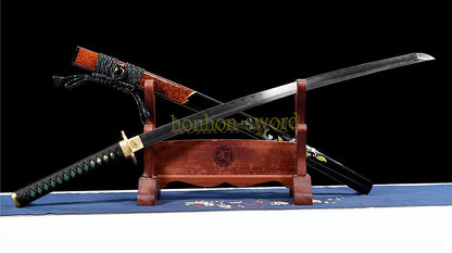 Japanisches Samurai-Schwert Katana aus schwarzem gefaltetem Stahl, Full Tang, handgefertigt, scharfe Klinge, schwarz 