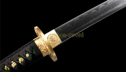 Japanisches Samurai-Schwert Katana aus schwarzem gefaltetem Stahl, Full Tang, handgefertigt, scharfe Klinge, schwarz 