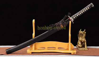 Japanisches Samurai-Schwert Katana aus schwarzem gefaltetem Stahl, Full Tang, handgefertigt, scharfe Klinge, schwarz 