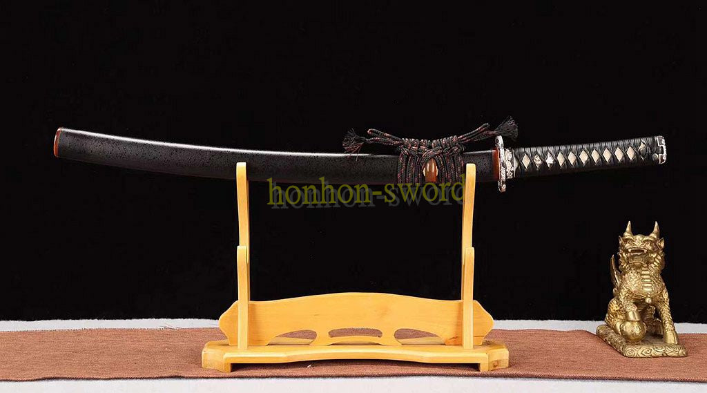 Japanisches Samurai-Schwert Katana aus schwarzem gefaltetem Stahl, Full Tang, handgefertigt, scharfe Klinge, schwarz 