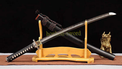 Japanisches Samurai-Schwert Katana aus schwarzem gefaltetem Stahl, Full Tang, handgefertigt, scharfe Klinge, schwarz 