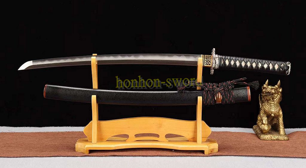 Japanisches Samurai-Schwert Katana aus schwarzem gefaltetem Stahl, Full Tang, handgefertigt, scharfe Klinge, schwarz 