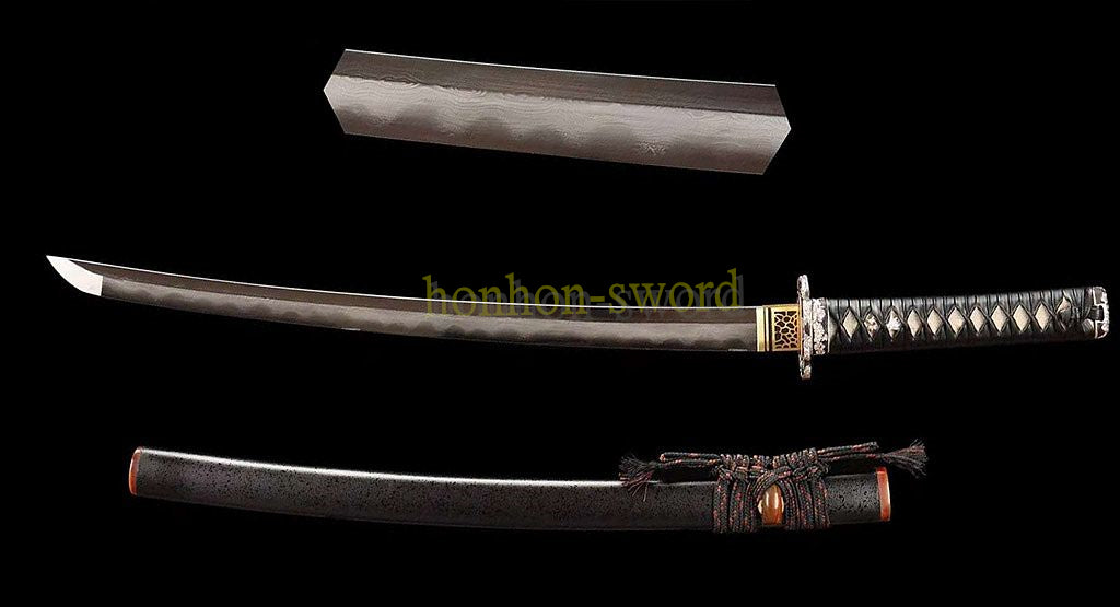 Japanisches Samurai-Schwert Katana aus schwarzem gefaltetem Stahl, Full Tang, handgefertigt, scharfe Klinge, schwarz 