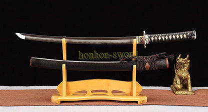 Japanisches Samurai-Schwert Katana aus schwarzem gefaltetem Stahl, Full Tang, handgefertigt, scharfe Klinge, schwarz 