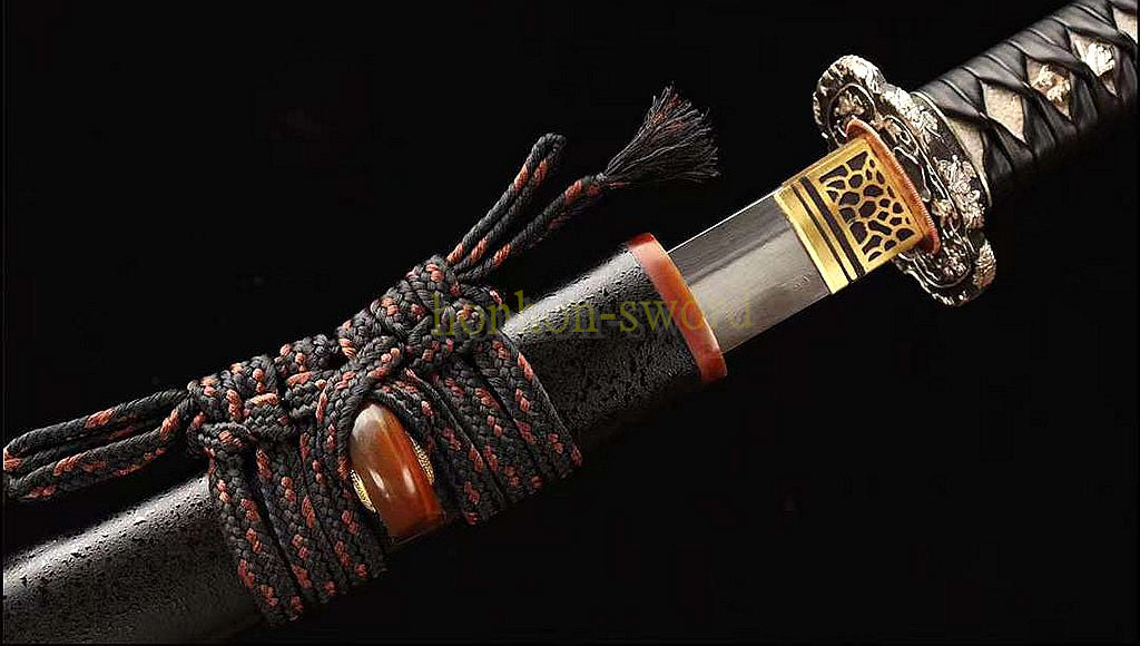 Japanisches Samurai-Schwert Katana aus schwarzem gefaltetem Stahl, Full Tang, handgefertigt, scharfe Klinge, schwarz 