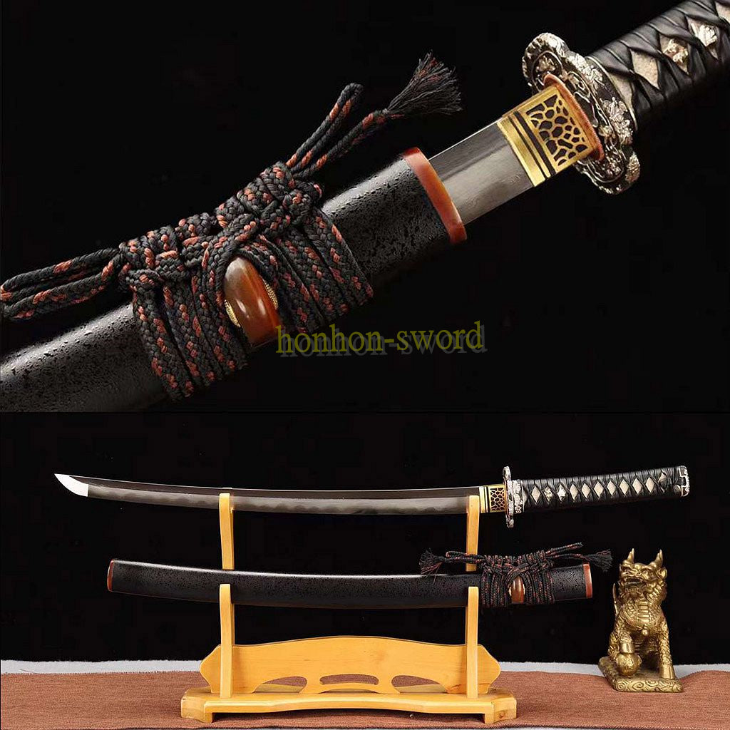 Japanisches Samurai-Schwert Katana aus schwarzem gefaltetem Stahl, Full Tang, handgefertigt, scharfe Klinge, schwarz 