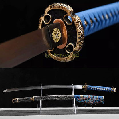 Japanisches Samurai-Schwert Katana aus schwarzem gefaltetem Stahl, Full Tang, handgefertigt, scharfe Klinge, schwarz 