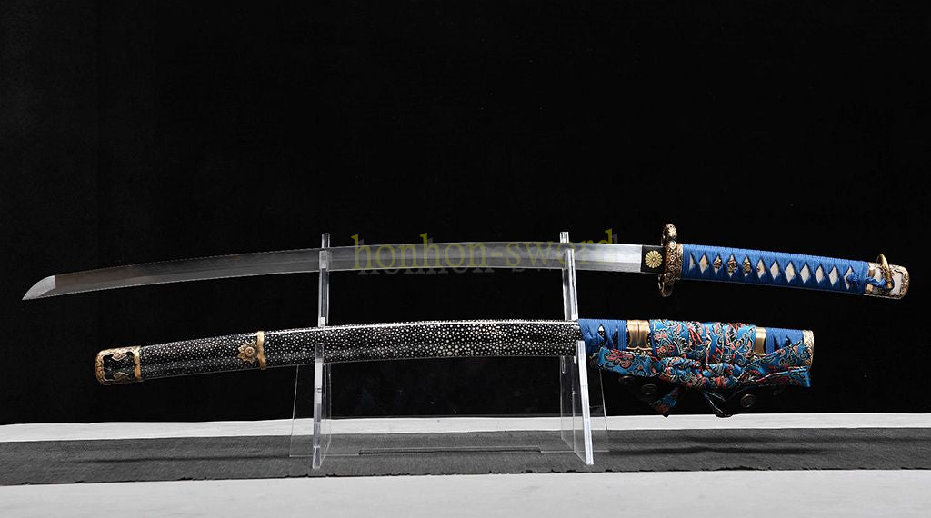 Japanisches Samurai-Schwert Katana aus schwarzem gefaltetem Stahl, Full Tang, handgefertigt, scharfe Klinge, schwarz 