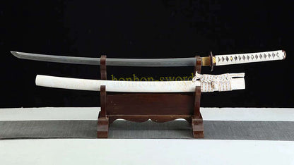 Japanisches Samurai-Schwert Katana aus schwarzem gefaltetem Stahl, Full Tang, handgefertigt, scharfe Klinge, schwarz 