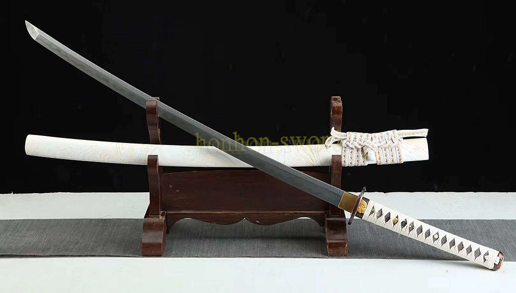 Japanisches Samurai-Schwert Katana aus schwarzem gefaltetem Stahl, Full Tang, handgefertigt, scharfe Klinge, schwarz 