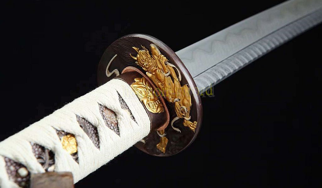 Japanisches Samurai-Schwert Katana aus schwarzem gefaltetem Stahl, Full Tang, handgefertigt, scharfe Klinge, schwarz 