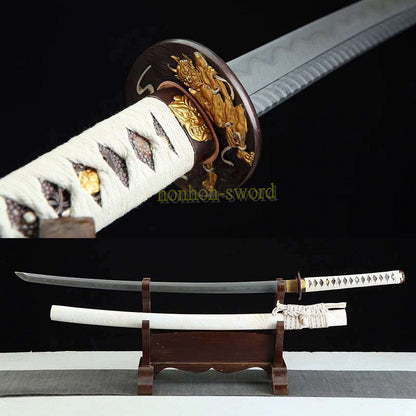 Japanisches Samurai-Schwert Katana aus schwarzem gefaltetem Stahl, Full Tang, handgefertigt, scharfe Klinge, schwarz 