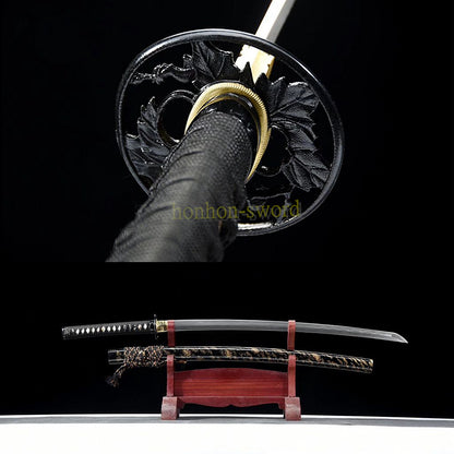 Japanisches Samurai-Schwert Katana aus schwarzem gefaltetem Stahl, Full Tang, handgefertigt, scharfe Klinge, schwarz 