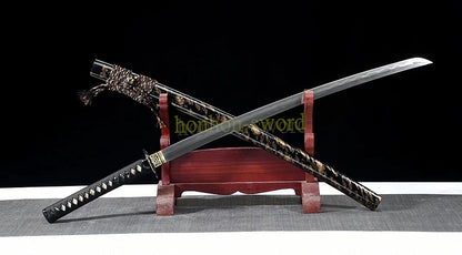 Japanisches Samurai-Schwert Katana aus schwarzem gefaltetem Stahl, Full Tang, handgefertigt, scharfe Klinge, schwarz 