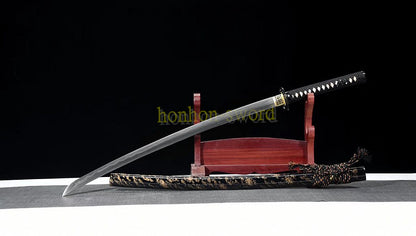 Japanisches Samurai-Schwert Katana aus schwarzem gefaltetem Stahl, Full Tang, handgefertigt, scharfe Klinge, schwarz 