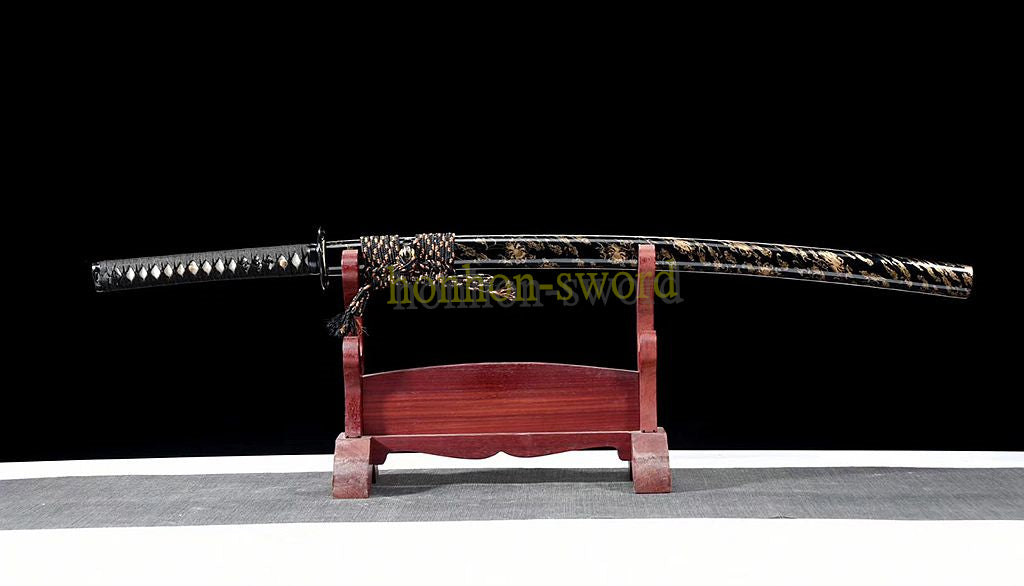 Japanisches Samurai-Schwert Katana aus schwarzem gefaltetem Stahl, Full Tang, handgefertigt, scharfe Klinge, schwarz 