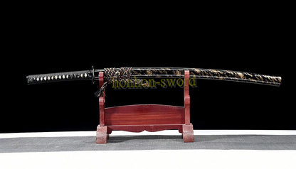 Japanisches Samurai-Schwert Katana aus schwarzem gefaltetem Stahl, Full Tang, handgefertigt, scharfe Klinge, schwarz 