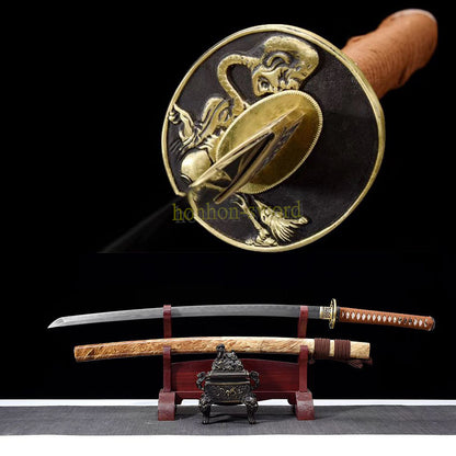 Japanisches Samurai-Schwert Katana aus schwarzem gefaltetem Stahl, Full Tang, handgefertigt, scharfe Klinge, schwarz 